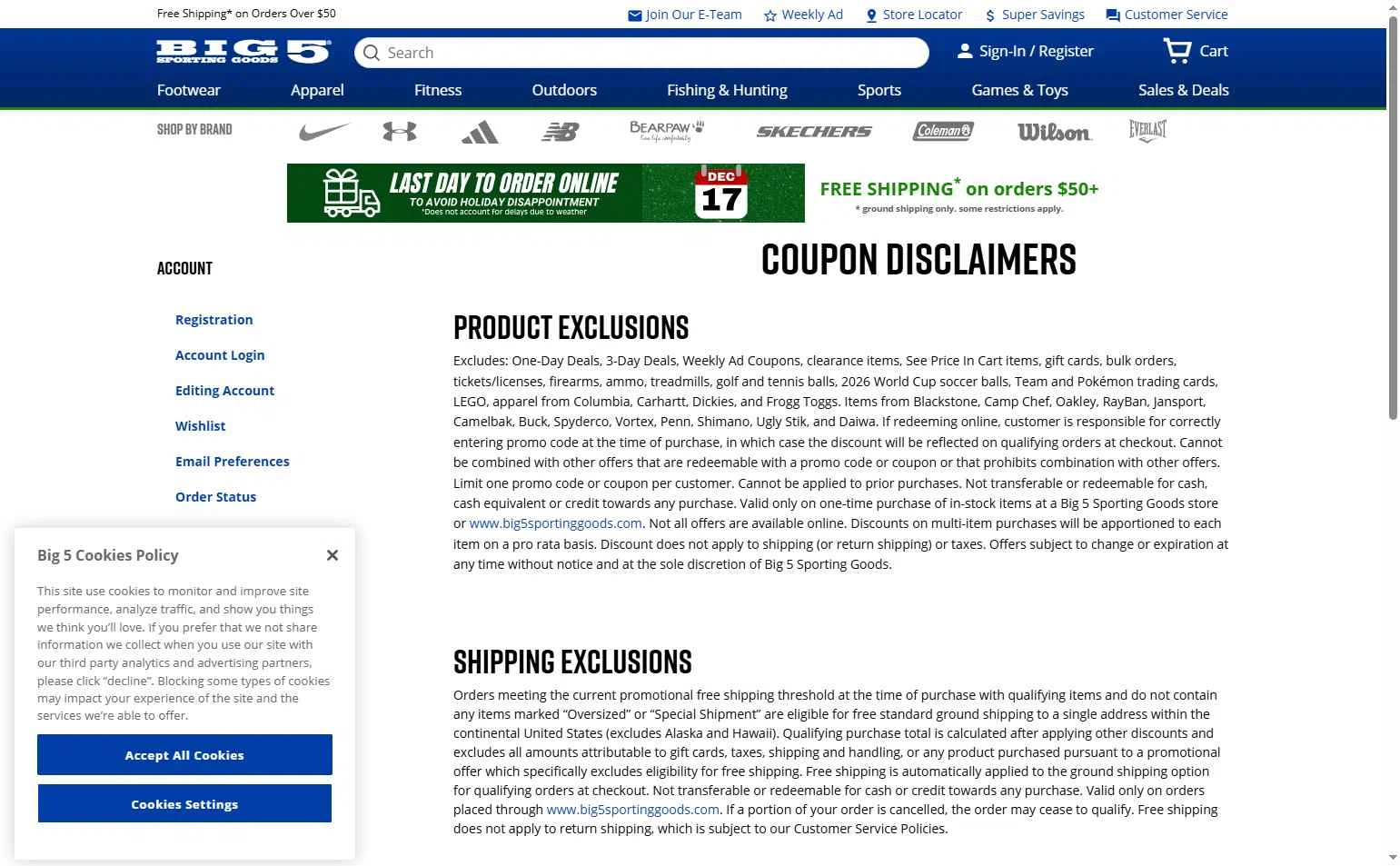 Big 5 Sporting Goods checkout page showing Big 5 Sporting Goods promo code box | Screenshot taken by SimplyCodes community member on Dec 17, 2025