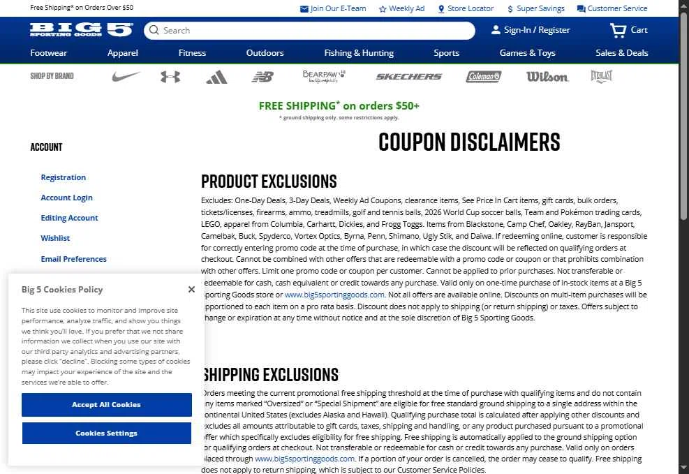 Big 5 Sporting Goods checkout page showing Big 5 Sporting Goods promo code box | Screenshot taken by SimplyCodes community member on Feb 18, 2026