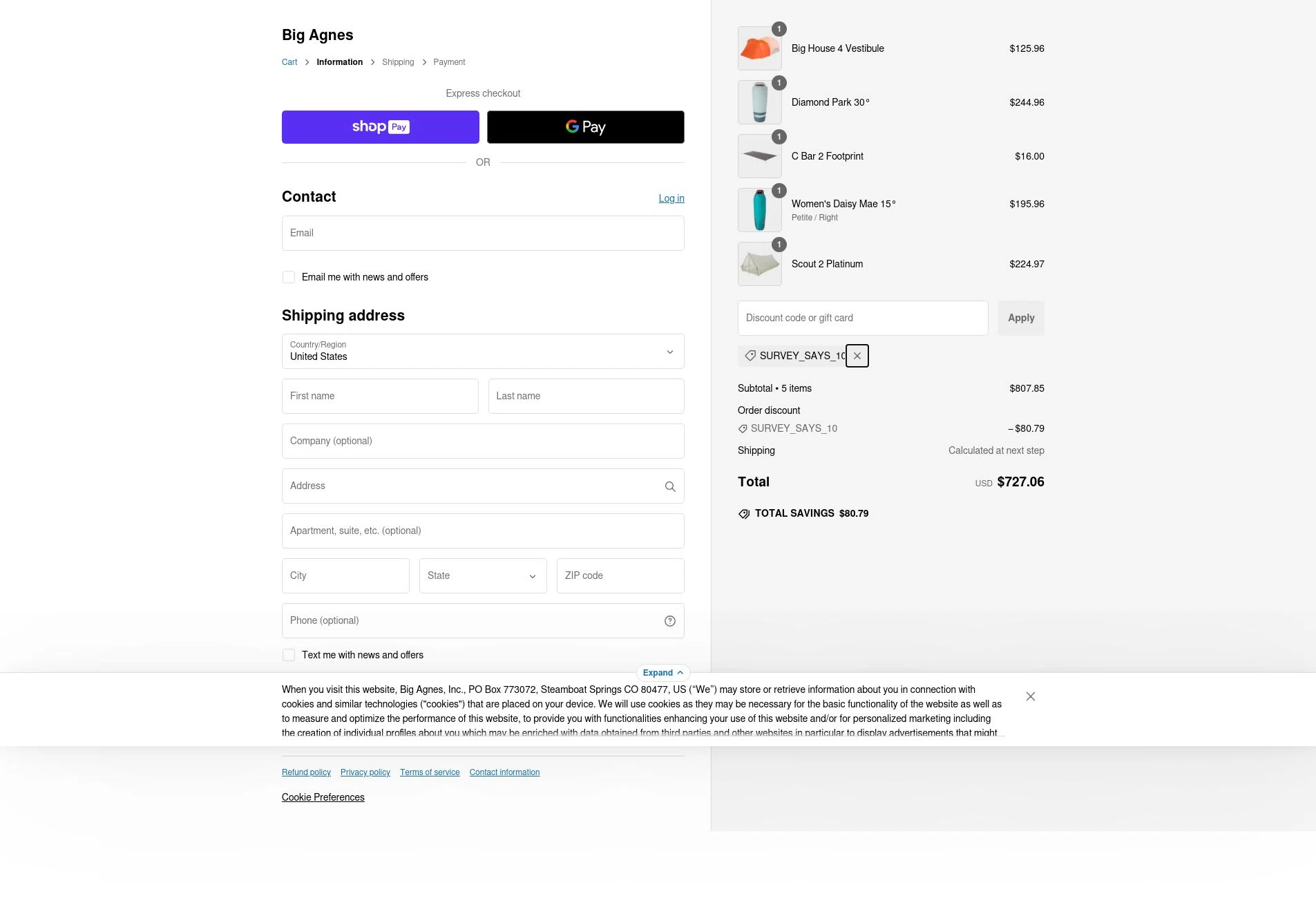 Big Agnes checkout page showing Big Agnes discount code box | Screenshot taken by SimplyCodes community member on Dec 19, 2024