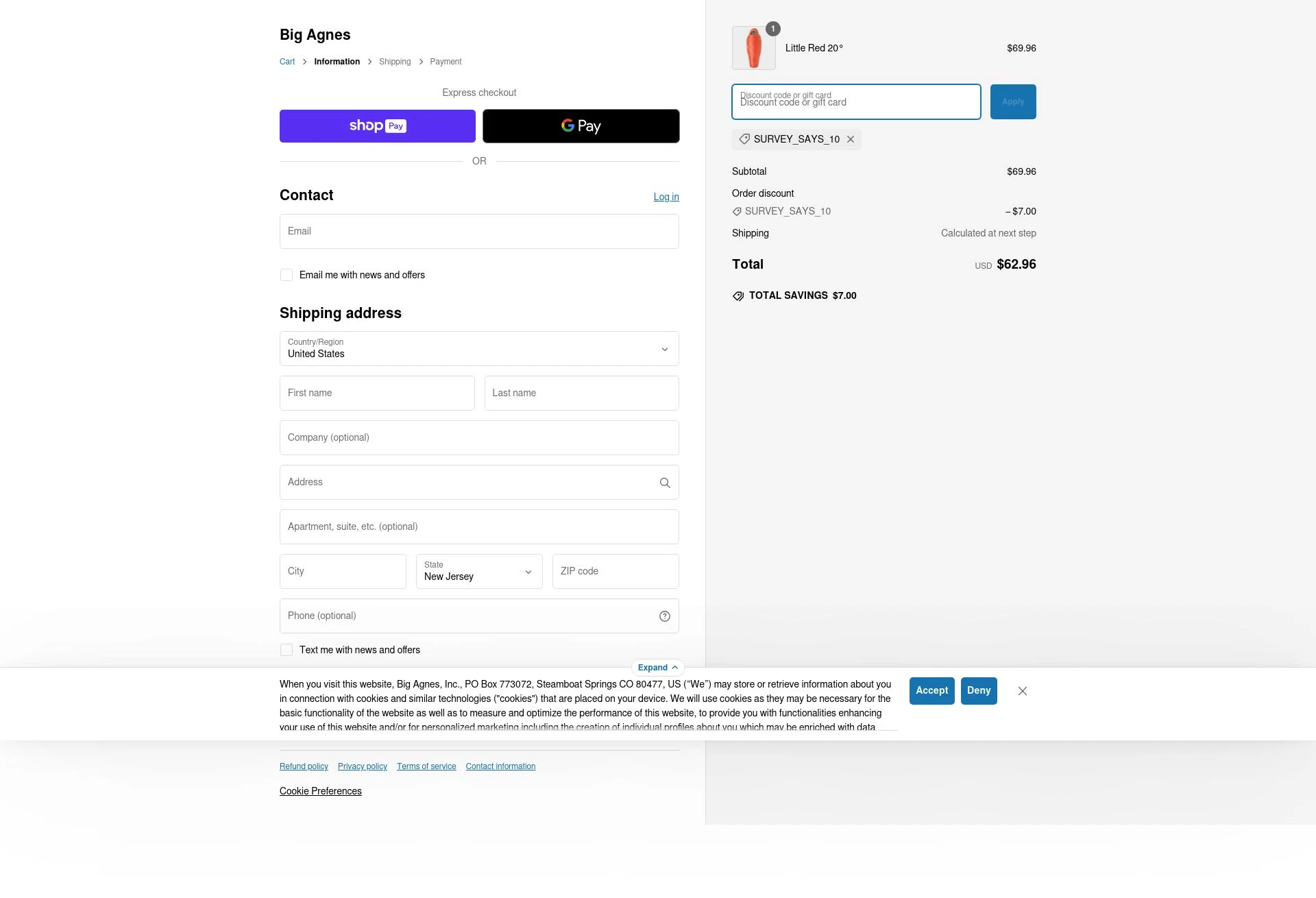 Big Agnes checkout page showing Big Agnes discount code box | Screenshot taken by SimplyCodes community member on Dec 12, 2024