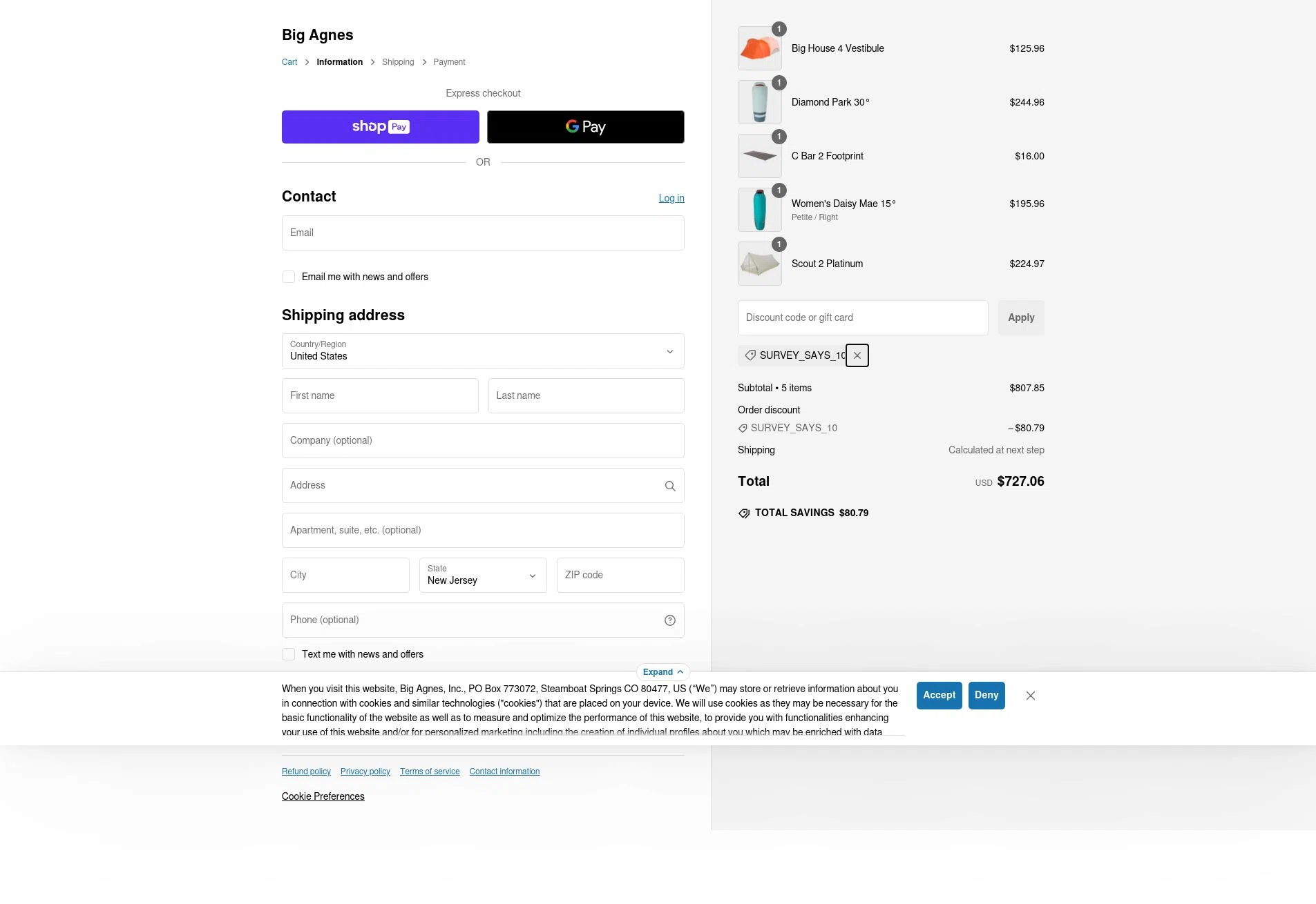 Big Agnes checkout page showing Big Agnes discount code box | Screenshot taken by SimplyCodes community member on Dec 29, 2024