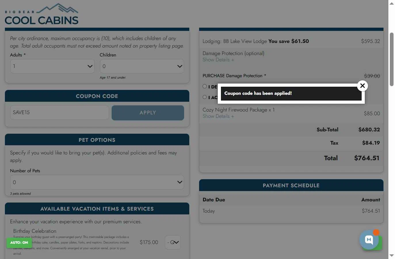 Big Bear Cool Cabins checkout page showing Big Bear Cool Cabins promo code box | Screenshot taken by SimplyCodes community member on Oct 19, 2025