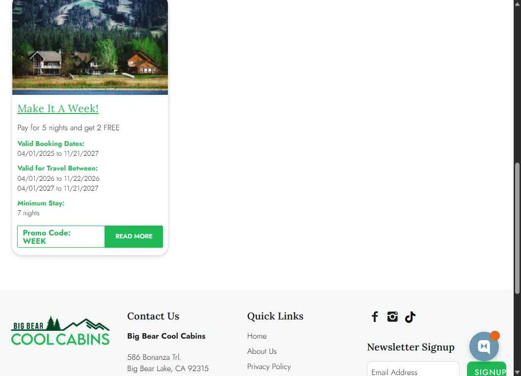 Big Bear Cool Cabins checkout page showing Big Bear Cool Cabins promo code box | Screenshot taken by SimplyCodes community member on Dec 19, 2025
