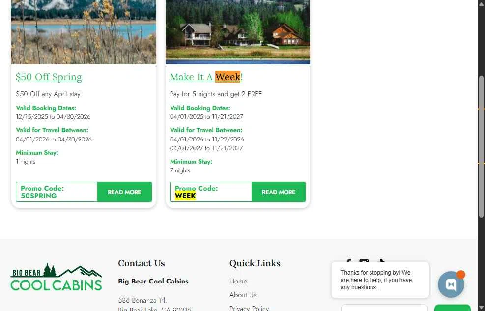 Big Bear Cool Cabins checkout page showing Big Bear Cool Cabins promo code box | Screenshot taken by SimplyCodes community member on Dec 29, 2025