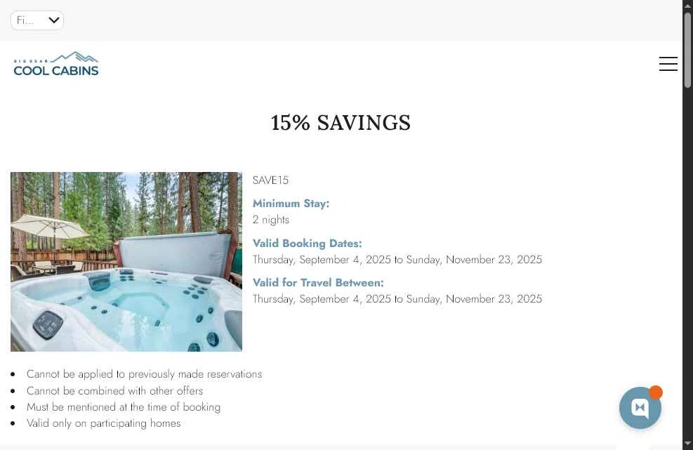Big Bear Cool Cabins checkout page showing Big Bear Cool Cabins promo code box | Screenshot taken by SimplyCodes community member on Oct 19, 2025