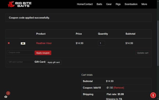 Big Bite Baits checkout page showing Big Bite Baits coupon code box | Screenshot taken by SimplyCodes community member on Jul 6, 2025