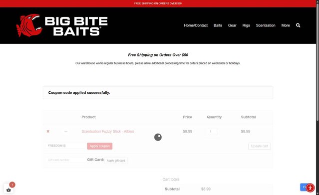 Big Bite Baits checkout page showing Big Bite Baits coupon code box | Screenshot taken by SimplyCodes community member on Jun 30, 2025