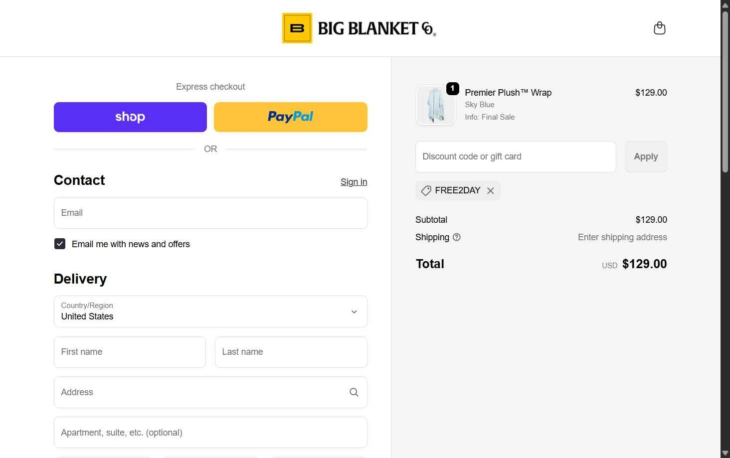 Big Blanket Co checkout page showing Big Blanket Co discount code box | Screenshot taken by SimplyCodes community member on Feb 7, 2026