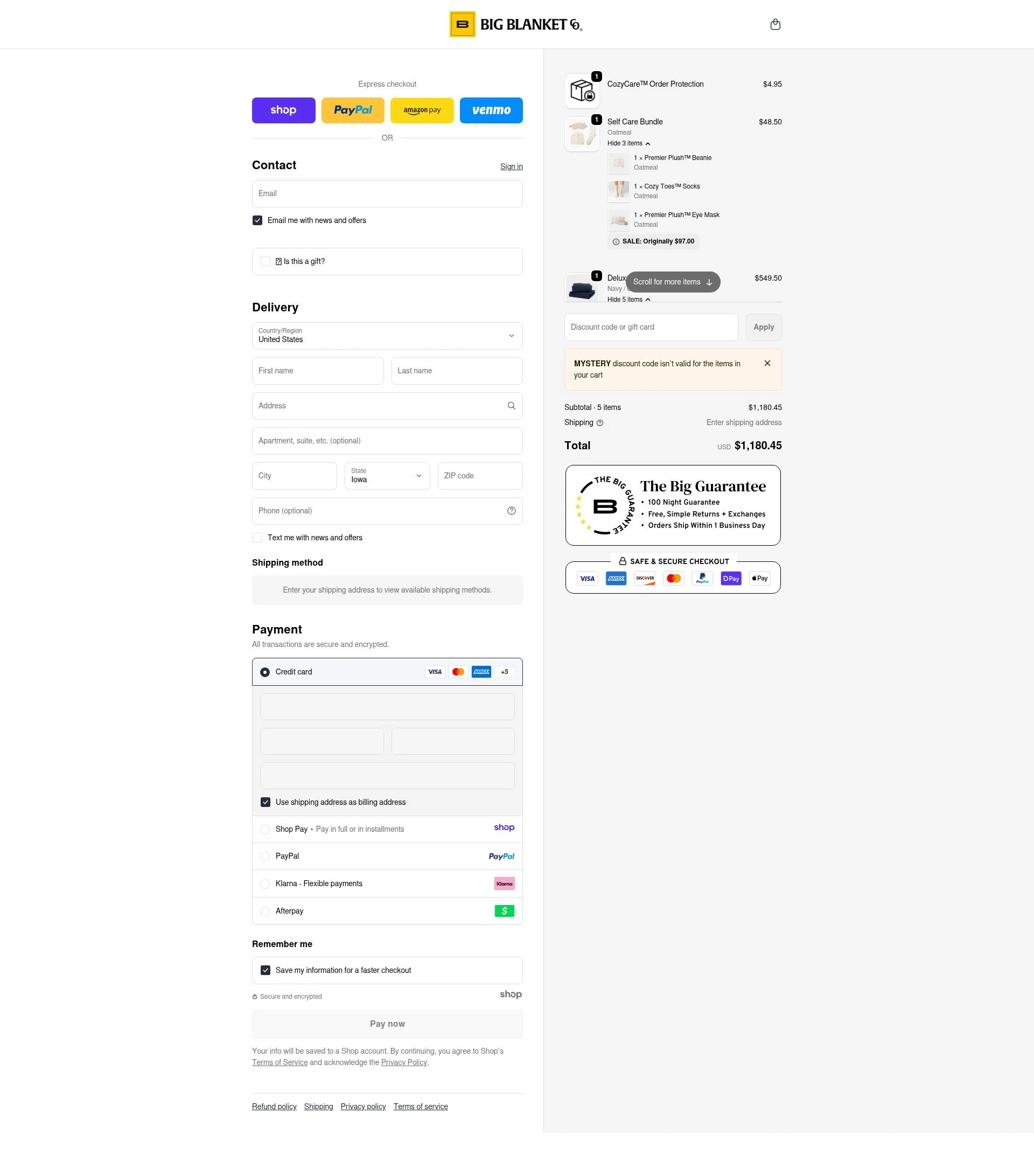 Big Blanket Co checkout page showing Big Blanket Co discount code box | Screenshot taken by SimplyCodes community member on Jan 6, 2026
