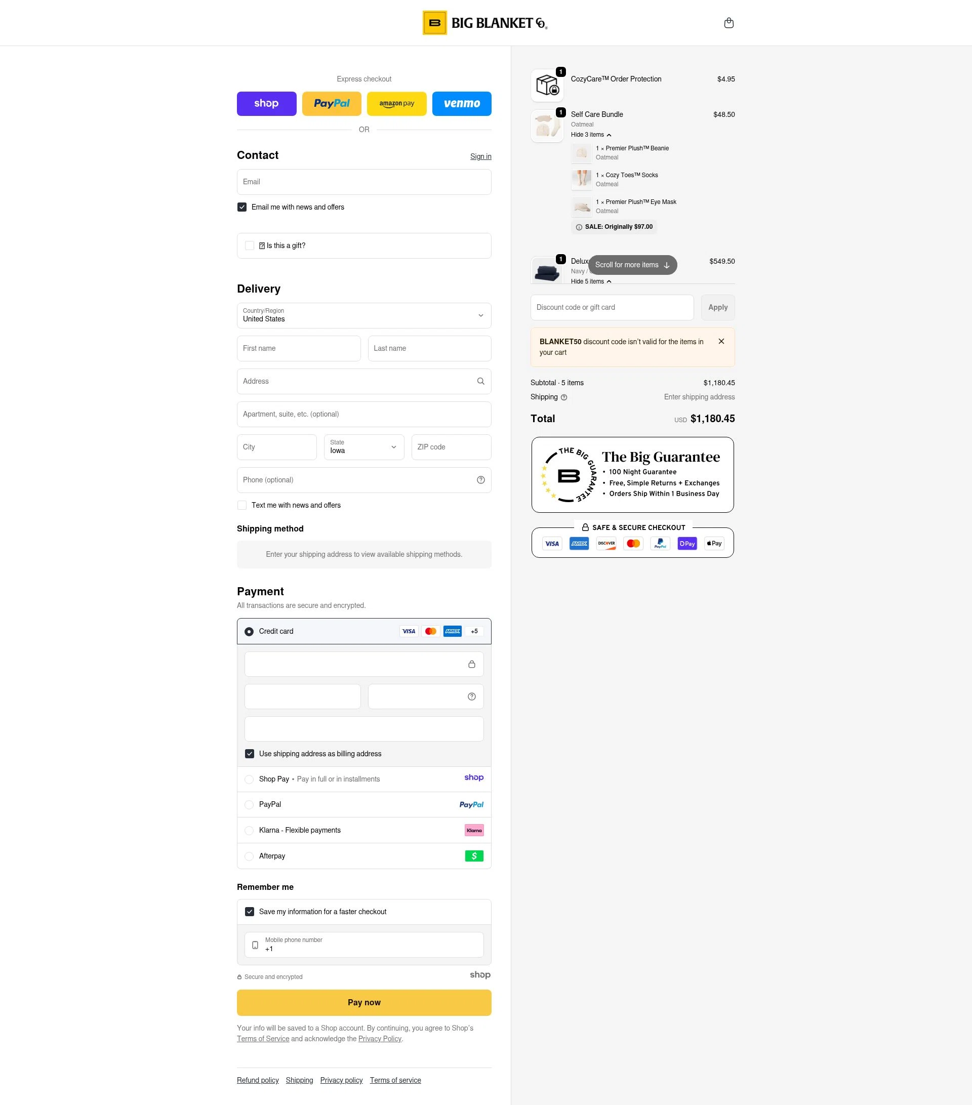 Big Blanket Co checkout page showing Big Blanket Co discount code box | Screenshot taken by SimplyCodes community member on Jan 6, 2026