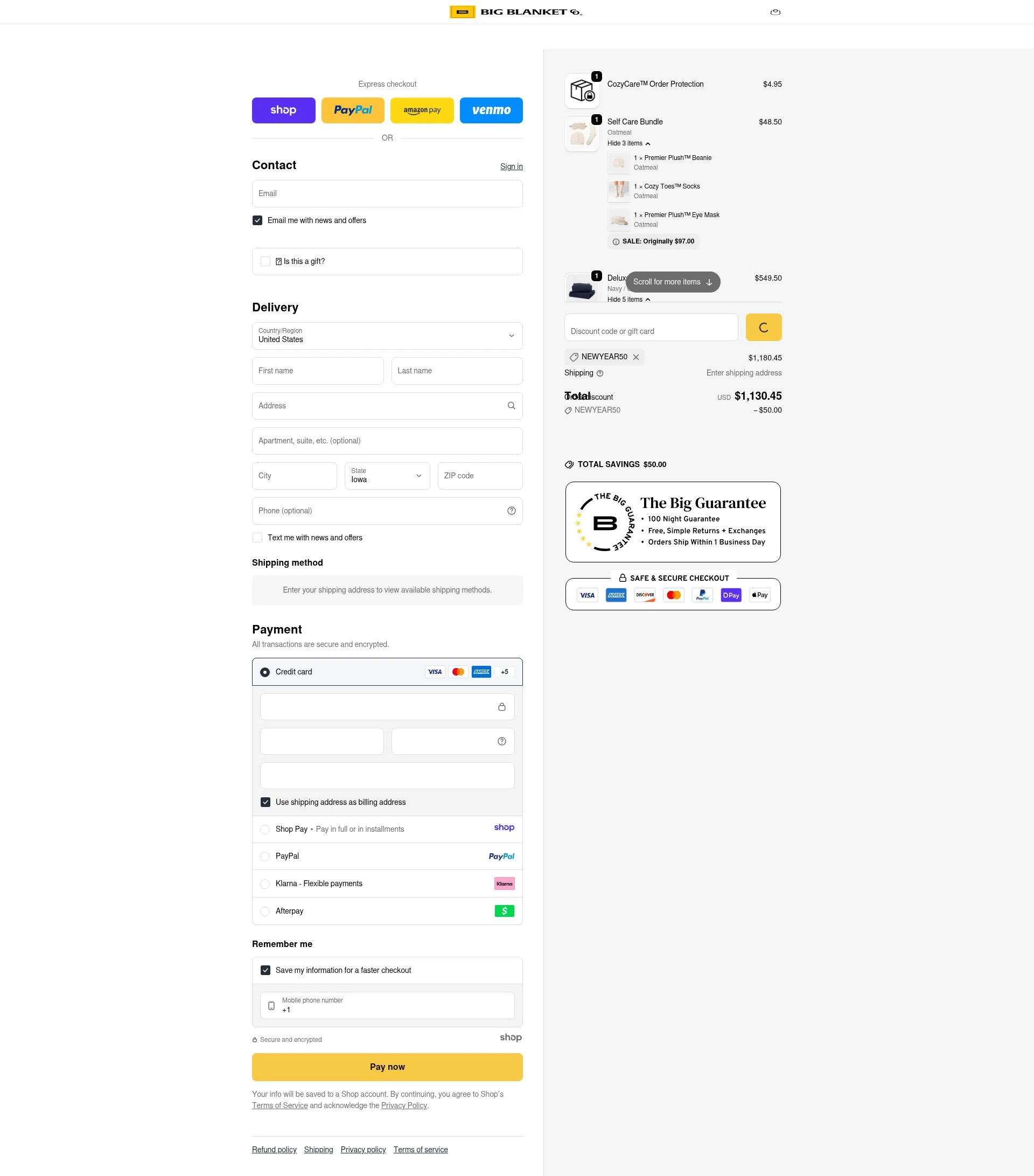Big Blanket Co checkout page showing Big Blanket Co discount code box | Screenshot taken by SimplyCodes community member on Jan 6, 2026