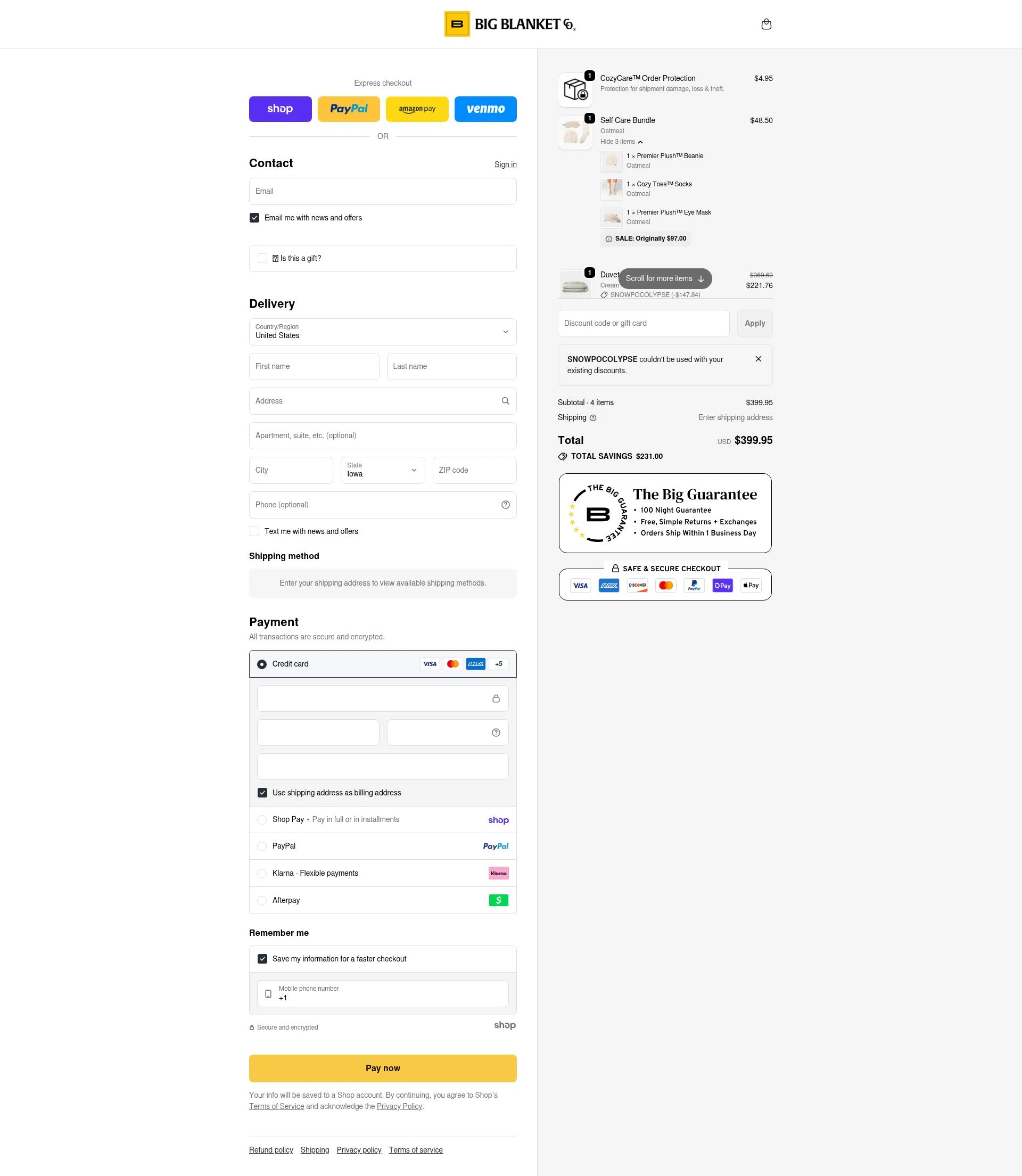 Big Blanket Co checkout page showing Big Blanket Co discount code box | Screenshot taken by SimplyCodes community member on Jan 30, 2026