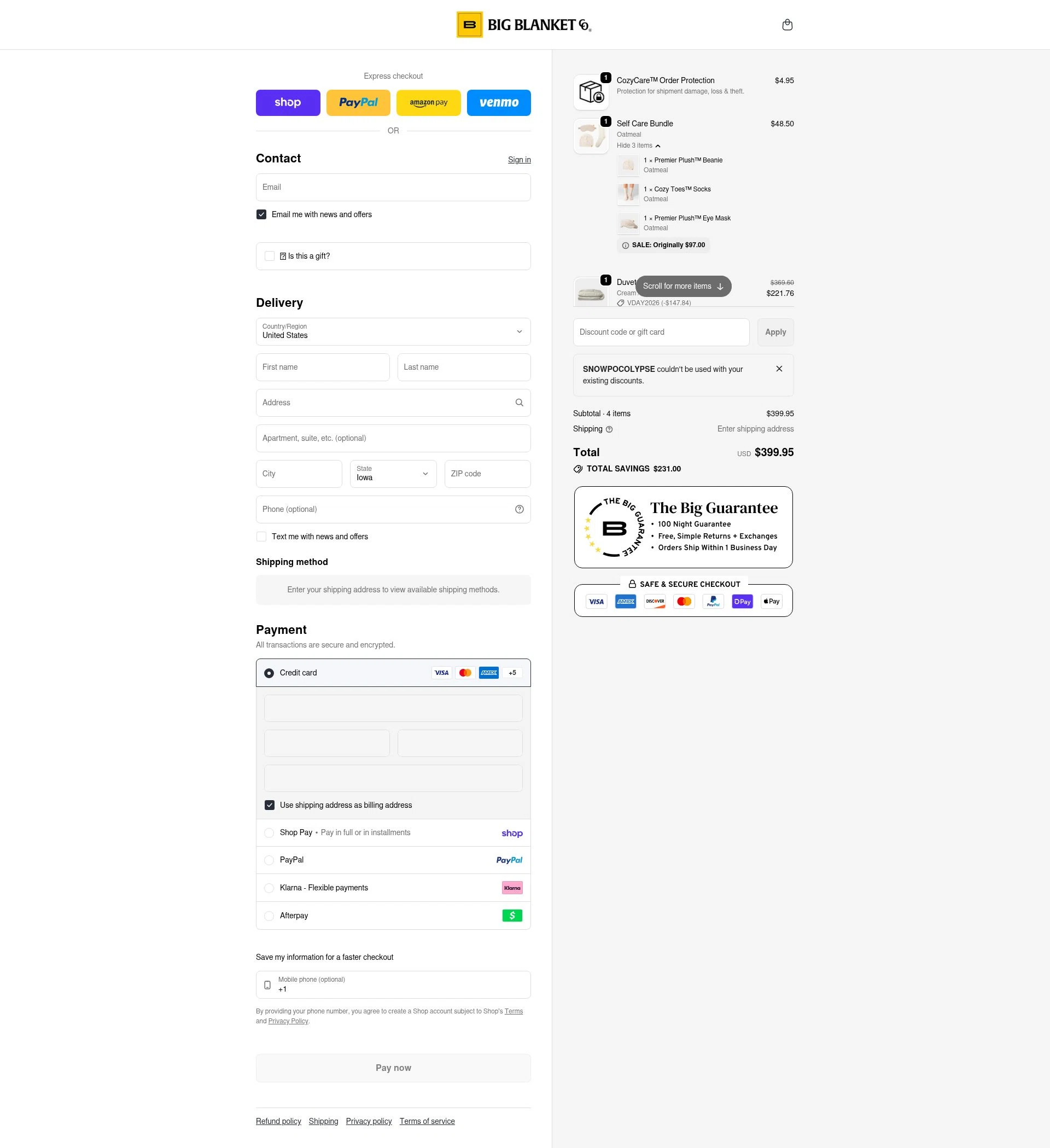 Big Blanket Co checkout page showing Big Blanket Co discount code box | Screenshot taken by SimplyCodes community member on Feb 3, 2026