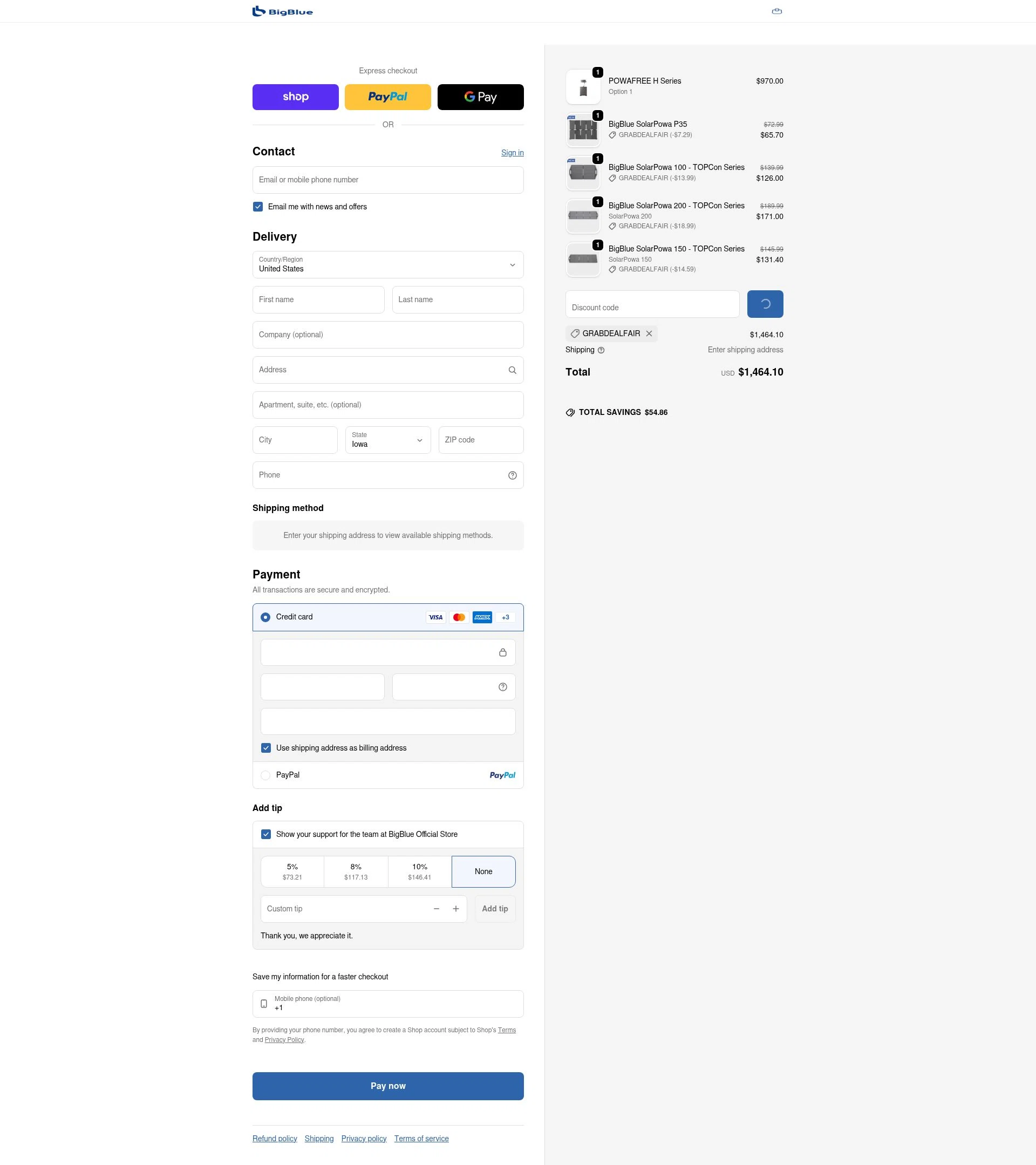 BigBlue checkout page showing BigBlue promo code box | Screenshot taken by SimplyCodes community member on Feb 7, 2026