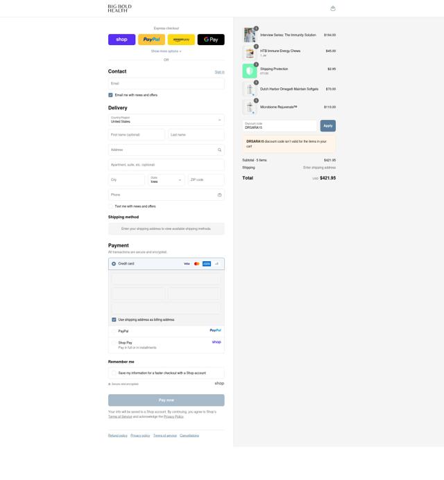 Big Bold Health checkout page showing Big Bold Health promo code box | Screenshot taken by SimplyCodes community member on Sep 10, 2025
