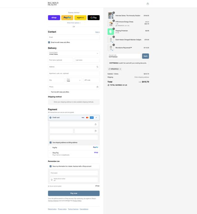 Big Bold Health checkout page showing Big Bold Health promo code box | Screenshot taken by SimplyCodes community member on Sep 10, 2025