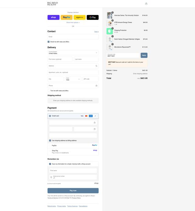 Big Bold Health checkout page showing Big Bold Health promo code box | Screenshot taken by SimplyCodes community member on Sep 10, 2025