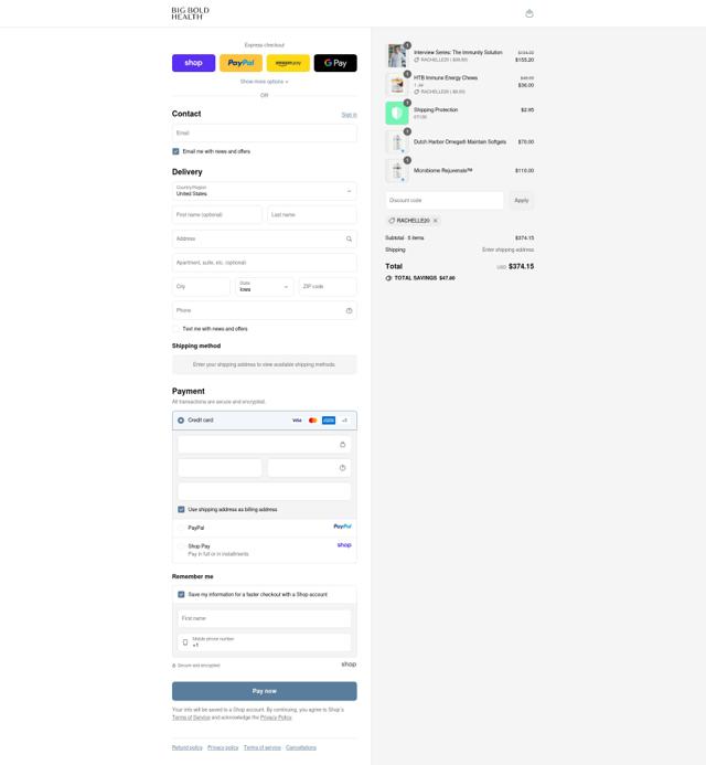Big Bold Health checkout page showing Big Bold Health promo code box | Screenshot taken by SimplyCodes community member on Sep 10, 2025