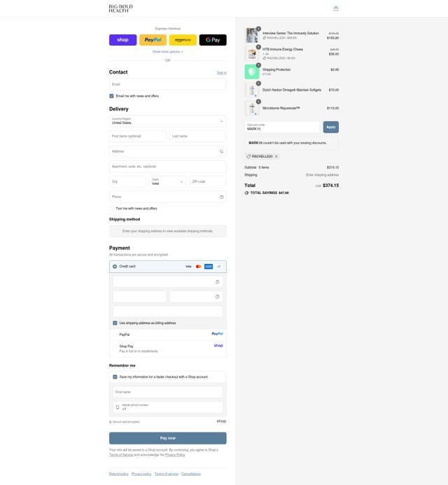 Big Bold Health checkout page showing Big Bold Health promo code box | Screenshot taken by SimplyCodes community member on Sep 10, 2025