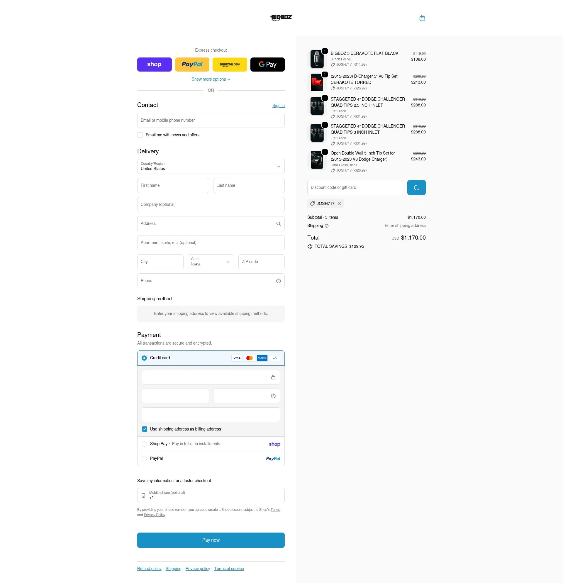 Bigboz Exhaust checkout page showing Bigboz Exhaust promo code box | Screenshot taken by SimplyCodes community member on Feb 10, 2026