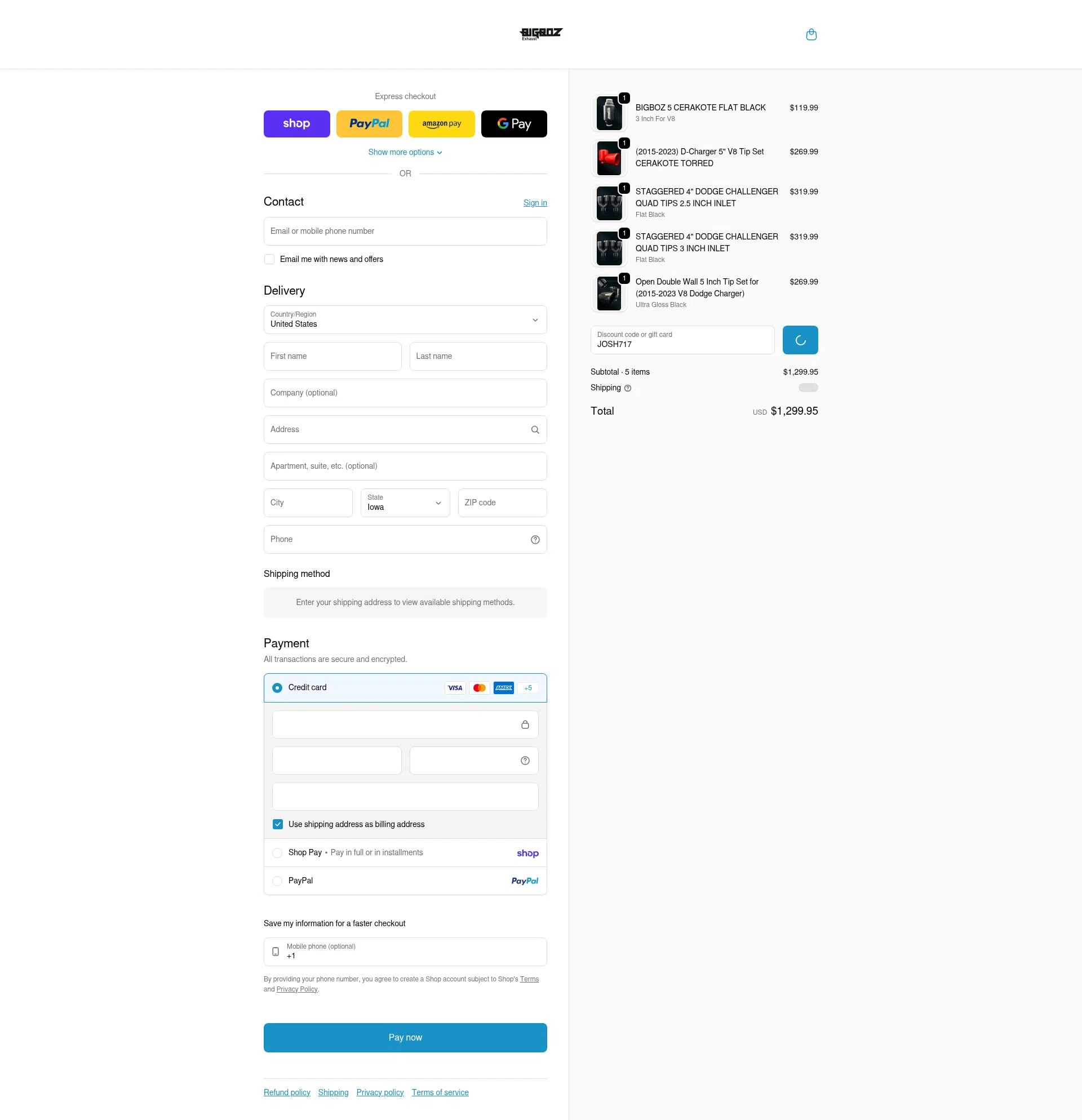 Bigboz Exhaust checkout page showing Bigboz Exhaust promo code box | Screenshot taken by SimplyCodes community member on Feb 14, 2026
