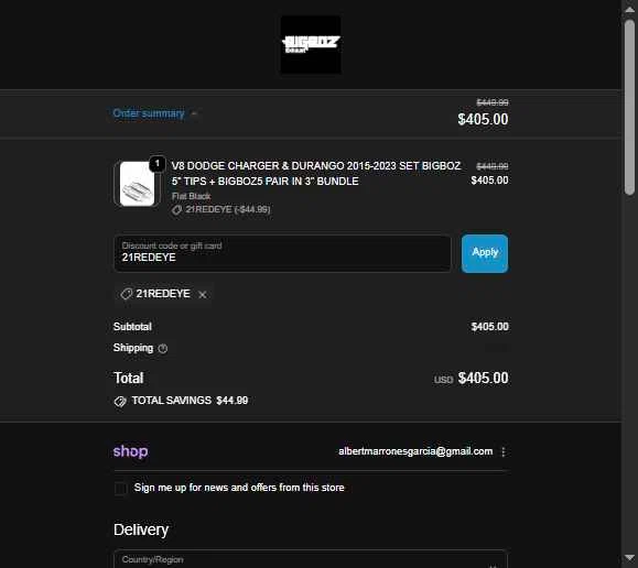 Bigboz Exhaust checkout page showing Bigboz Exhaust promo code box | Screenshot taken by SimplyCodes community member on Feb 14, 2026