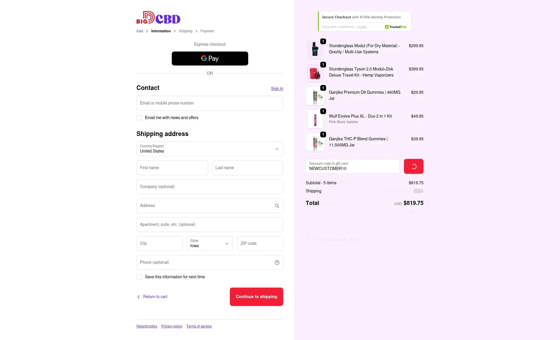 Big D CBD checkout page showing Big D CBD discount code box | Screenshot taken by SimplyCodes community member on Feb 6, 2026