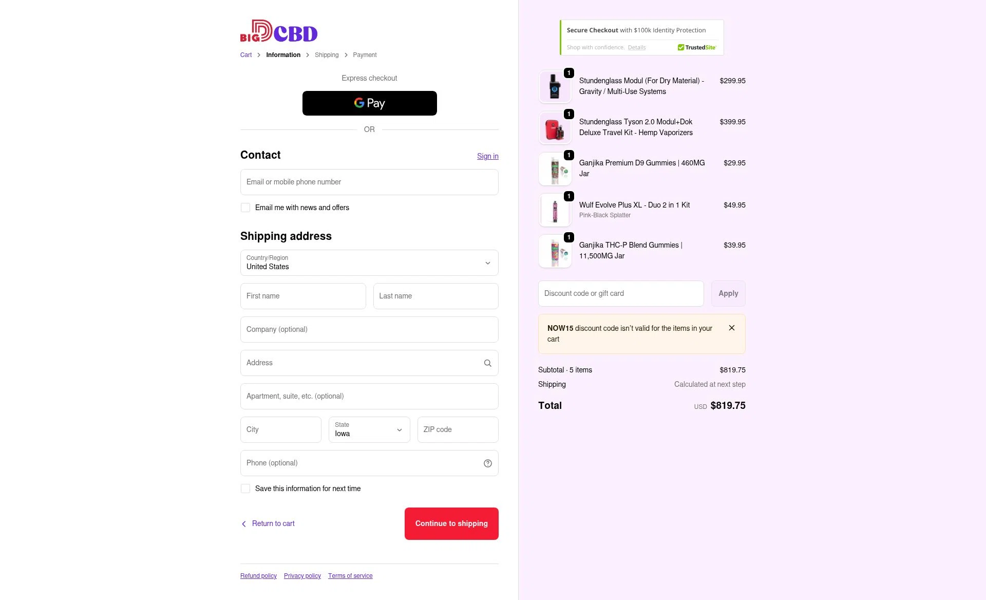Big D CBD checkout page showing Big D CBD discount code box | Screenshot taken by SimplyCodes community member on Feb 1, 2026