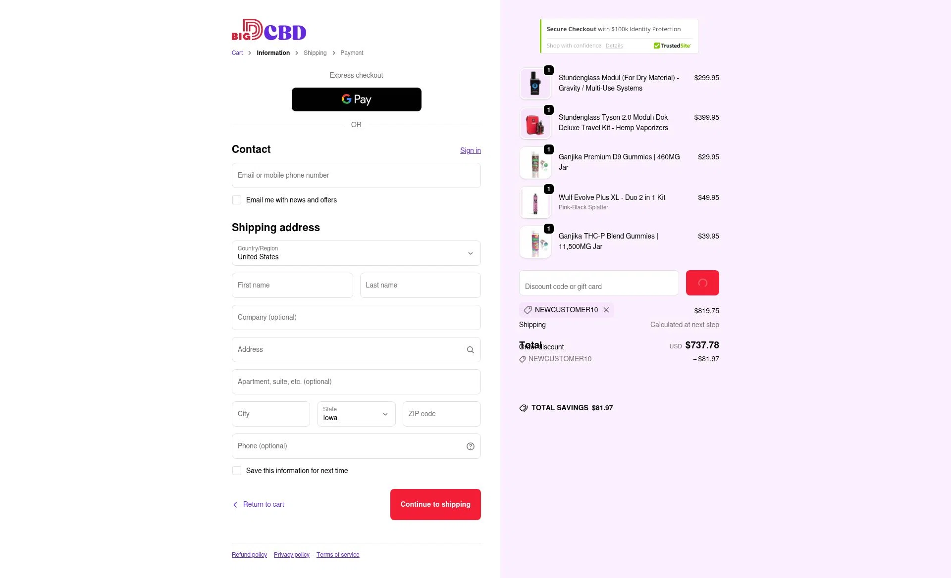 Big D CBD checkout page showing Big D CBD discount code box | Screenshot taken by SimplyCodes community member on Feb 10, 2026