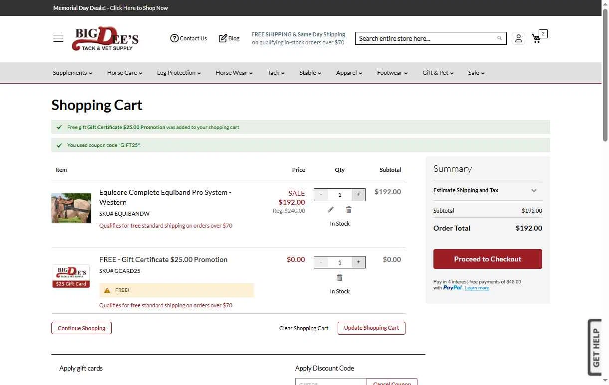 Big Dee's Tack & Vet Supplies checkout page showing Big Dee's Tack & Vet Supplies promo code box | Screenshot taken by SimplyCodes community member on May 23, 2025