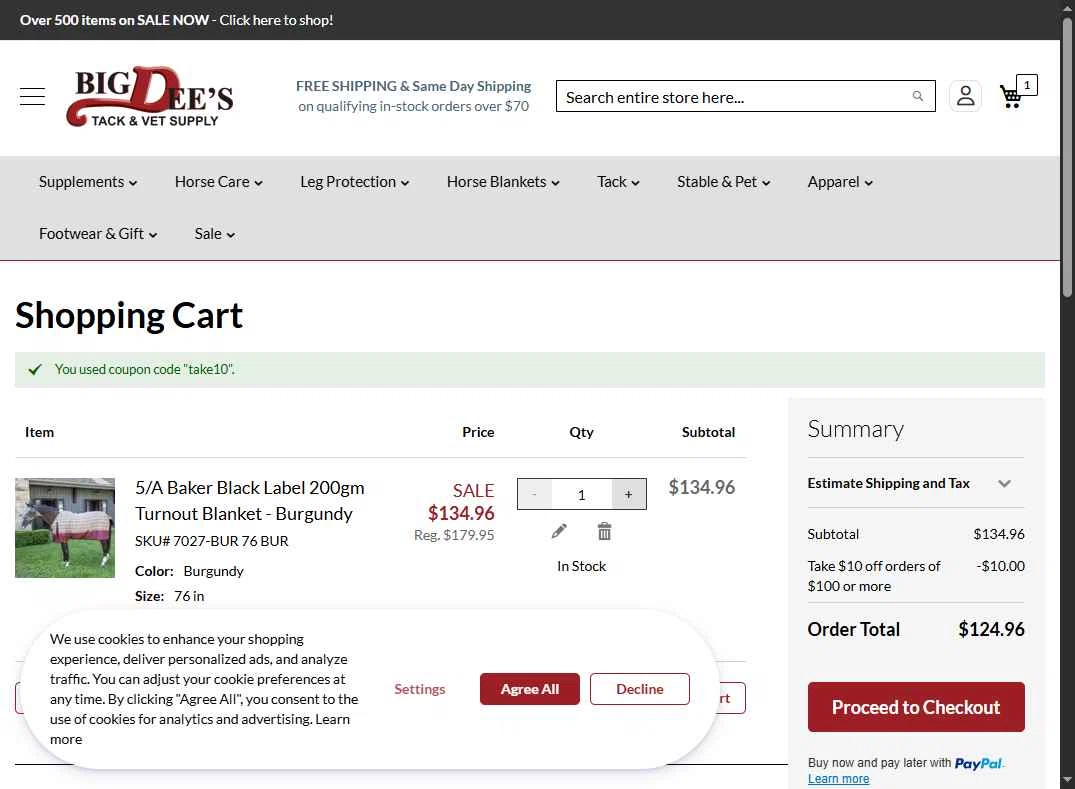 Big Dee's Tack & Vet Supplies checkout page showing Big Dee's Tack & Vet Supplies promo code box | Screenshot taken by SimplyCodes community member on Oct 12, 2025