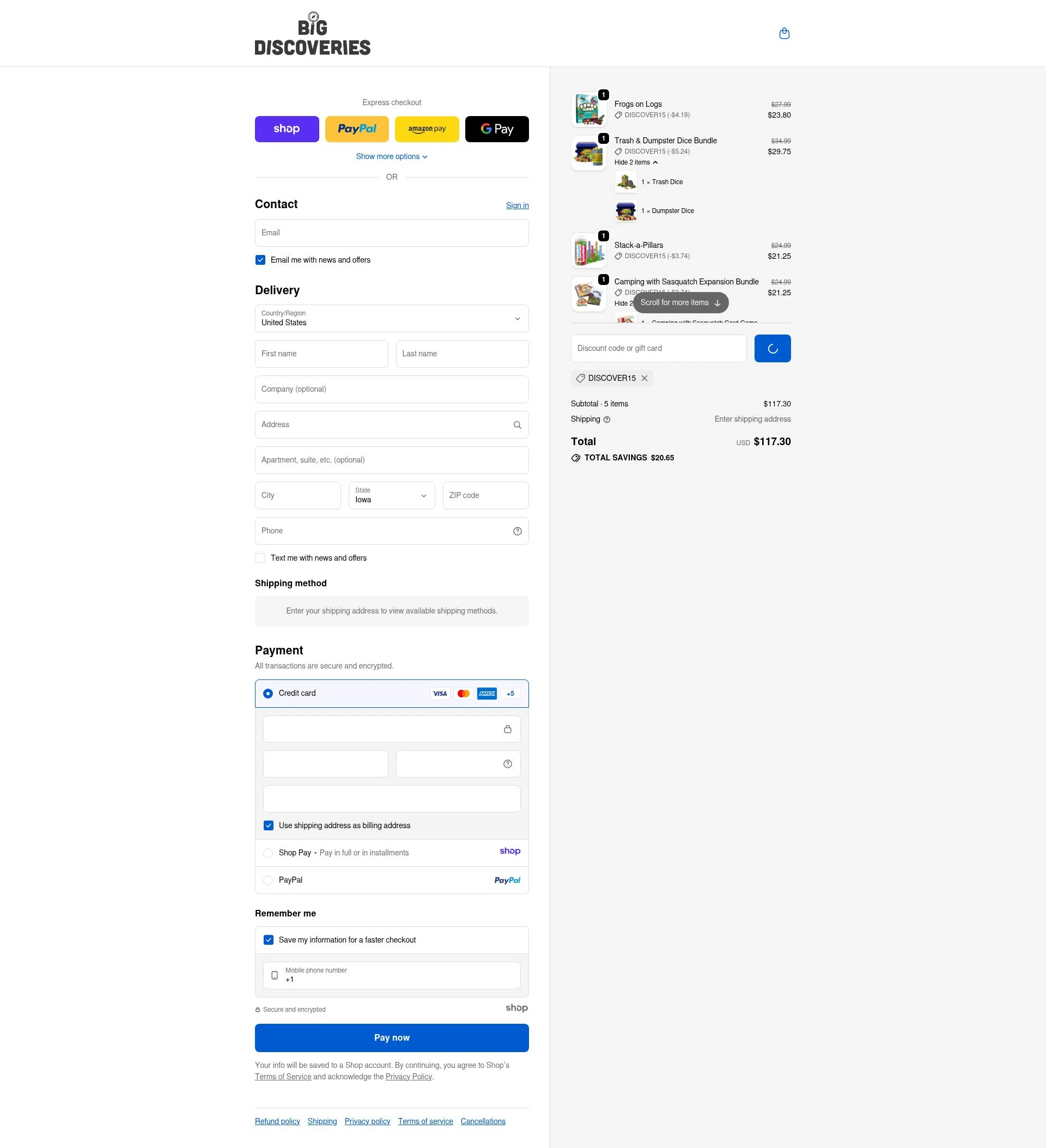 Big Discoveries checkout page showing Big Discoveries promo code box | Screenshot taken by SimplyCodes community member on Dec 29, 2025