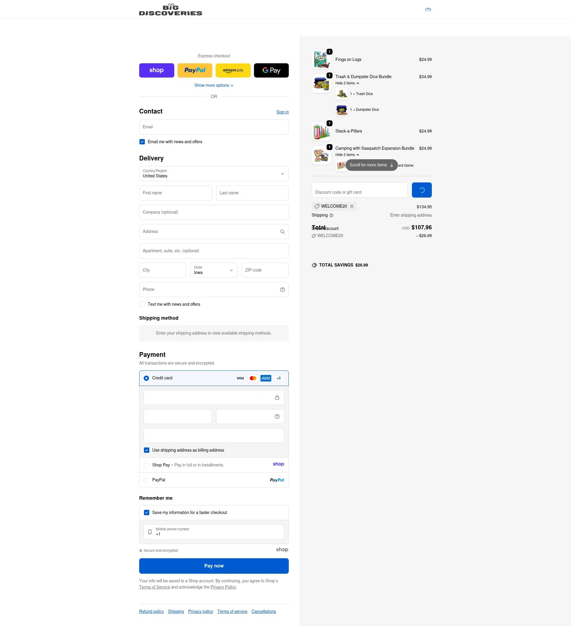 Big Discoveries checkout page showing Big Discoveries promo code box | Screenshot taken by SimplyCodes community member on Jan 3, 2026
