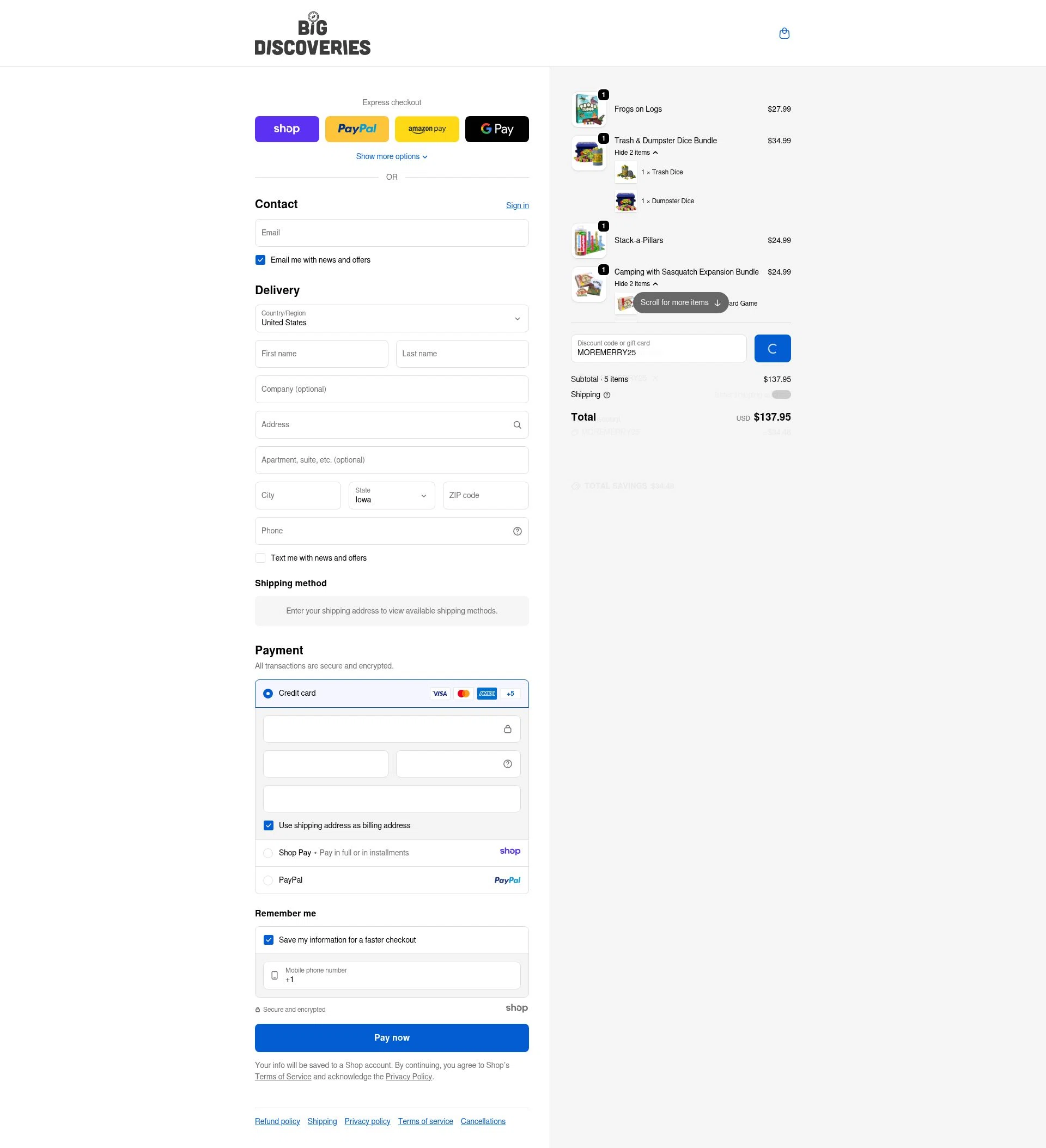 Big Discoveries checkout page showing Big Discoveries promo code box | Screenshot taken by SimplyCodes community member on Dec 29, 2025