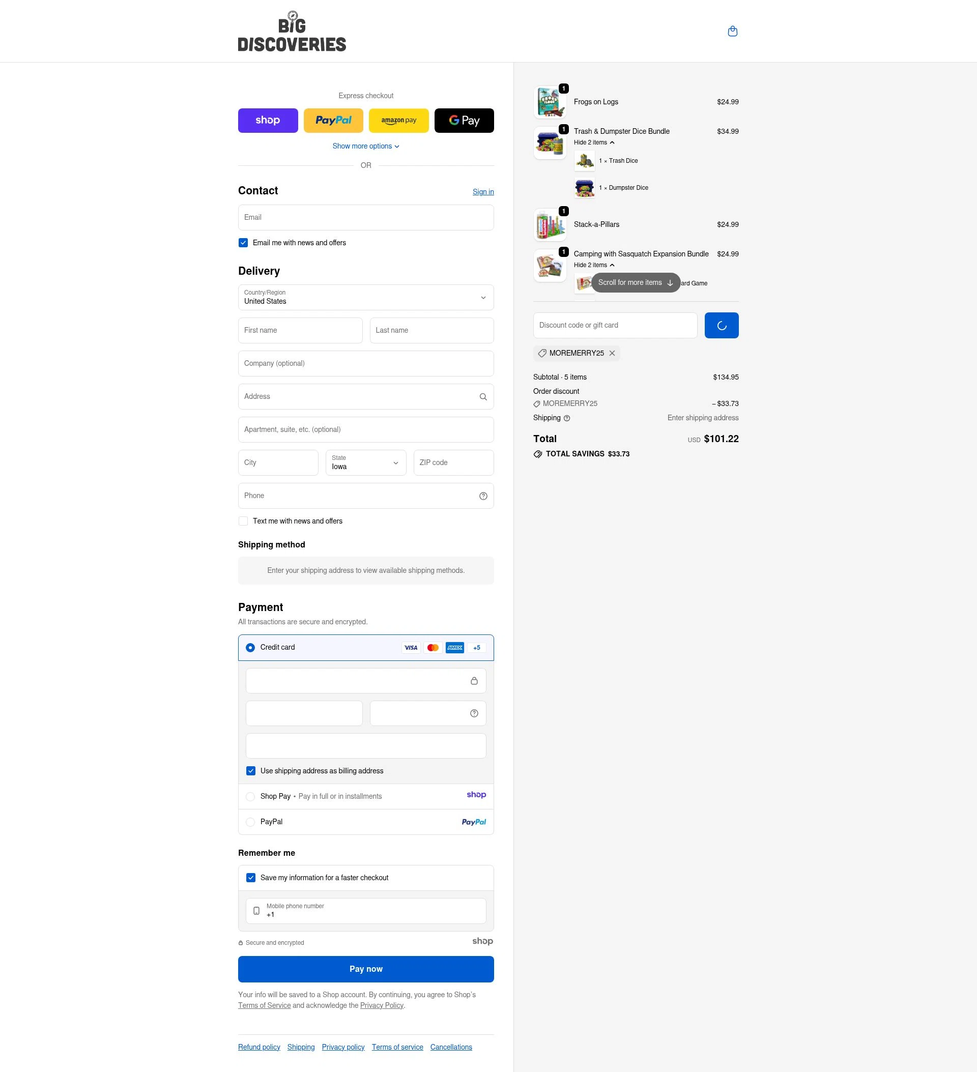 Big Discoveries checkout page showing Big Discoveries promo code box | Screenshot taken by SimplyCodes community member on Jan 3, 2026