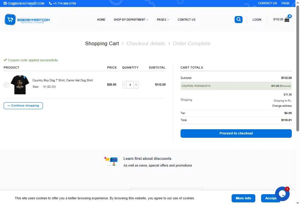 BigEasyMart.com checkout page showing BigEasyMart.com coupon code box | Screenshot taken by SimplyCodes community member on Jan 14, 2026