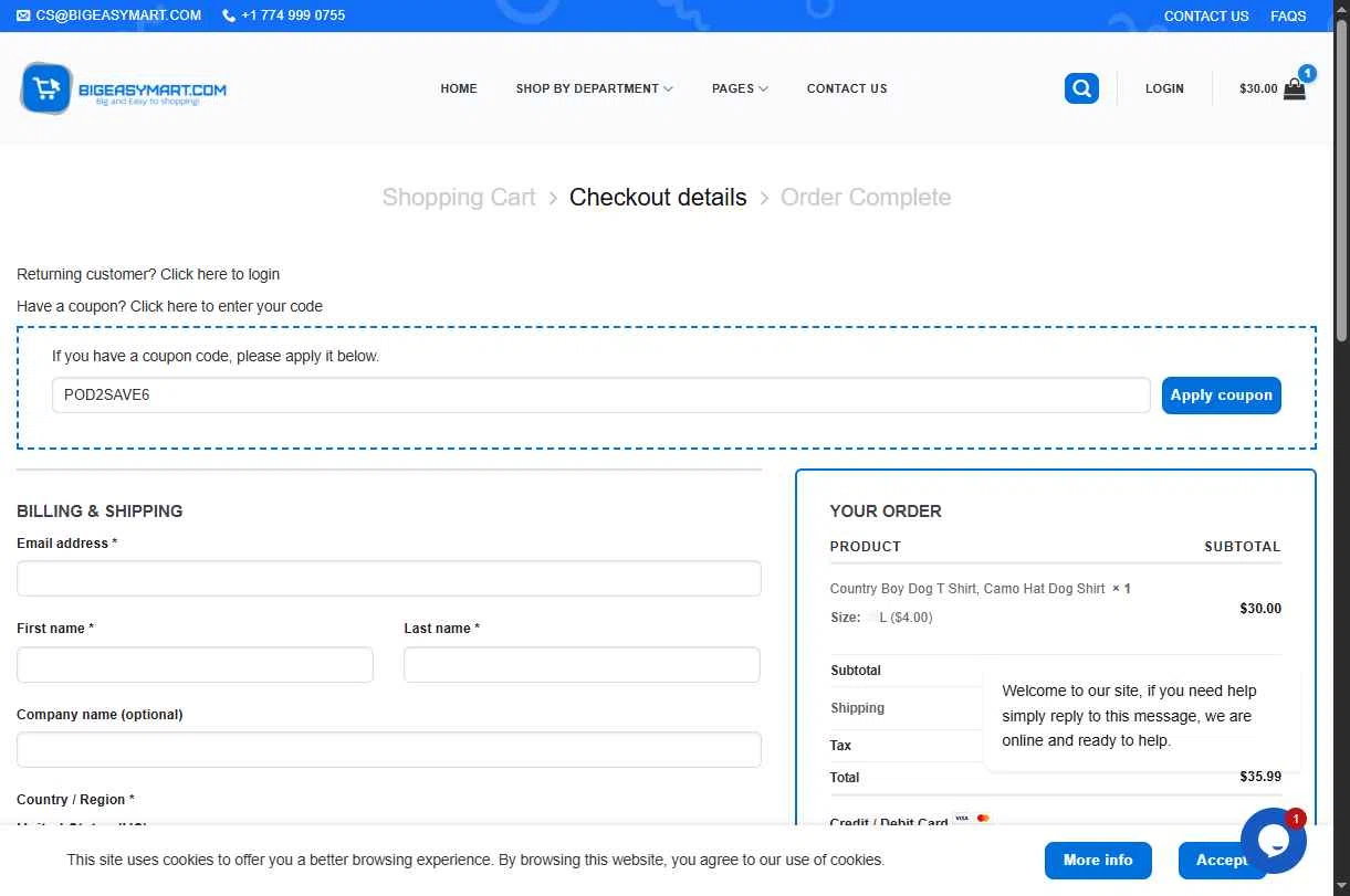 BigEasyMart.com checkout page showing BigEasyMart.com coupon code box | Screenshot taken by SimplyCodes community member on Jan 25, 2026