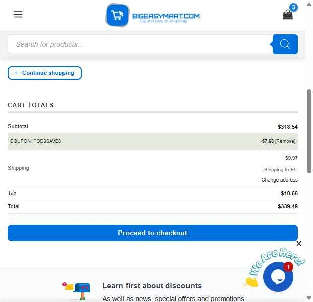 BigEasyMart.com checkout page showing BigEasyMart.com coupon code box | Screenshot taken by SimplyCodes community member on Jan 5, 2026
