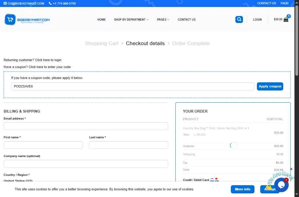 BigEasyMart.com checkout page showing BigEasyMart.com coupon code box | Screenshot taken by SimplyCodes community member on Dec 16, 2025