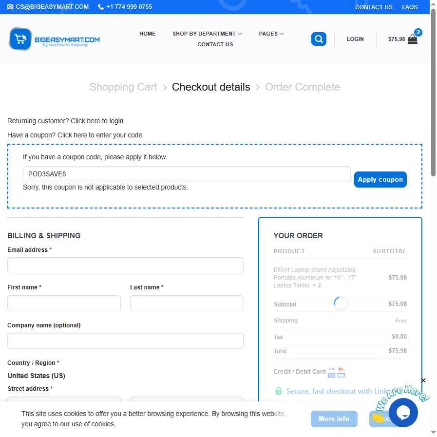 BigEasyMart.com checkout page showing BigEasyMart.com coupon code box | Screenshot taken by SimplyCodes community member on Dec 16, 2025