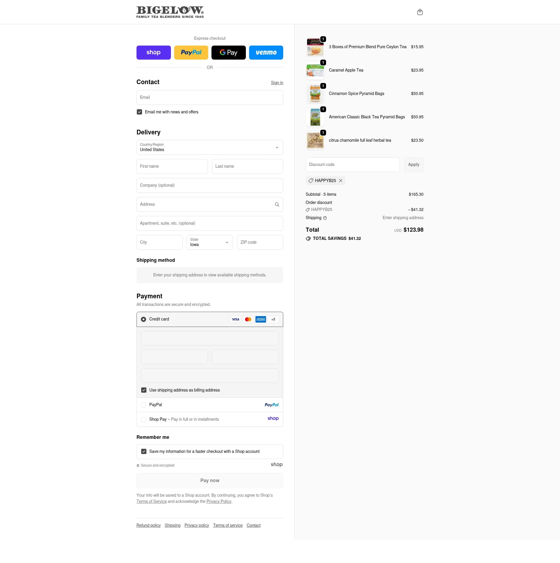 Bigelow Tea checkout page showing Bigelow Tea promo code box | Screenshot taken by SimplyCodes community member on Dec 11, 2025