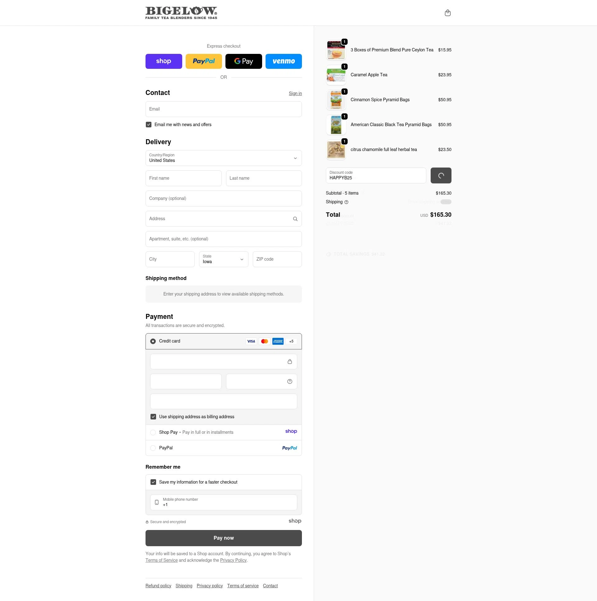 Bigelow Tea checkout page showing Bigelow Tea promo code box | Screenshot taken by SimplyCodes community member on Dec 28, 2025