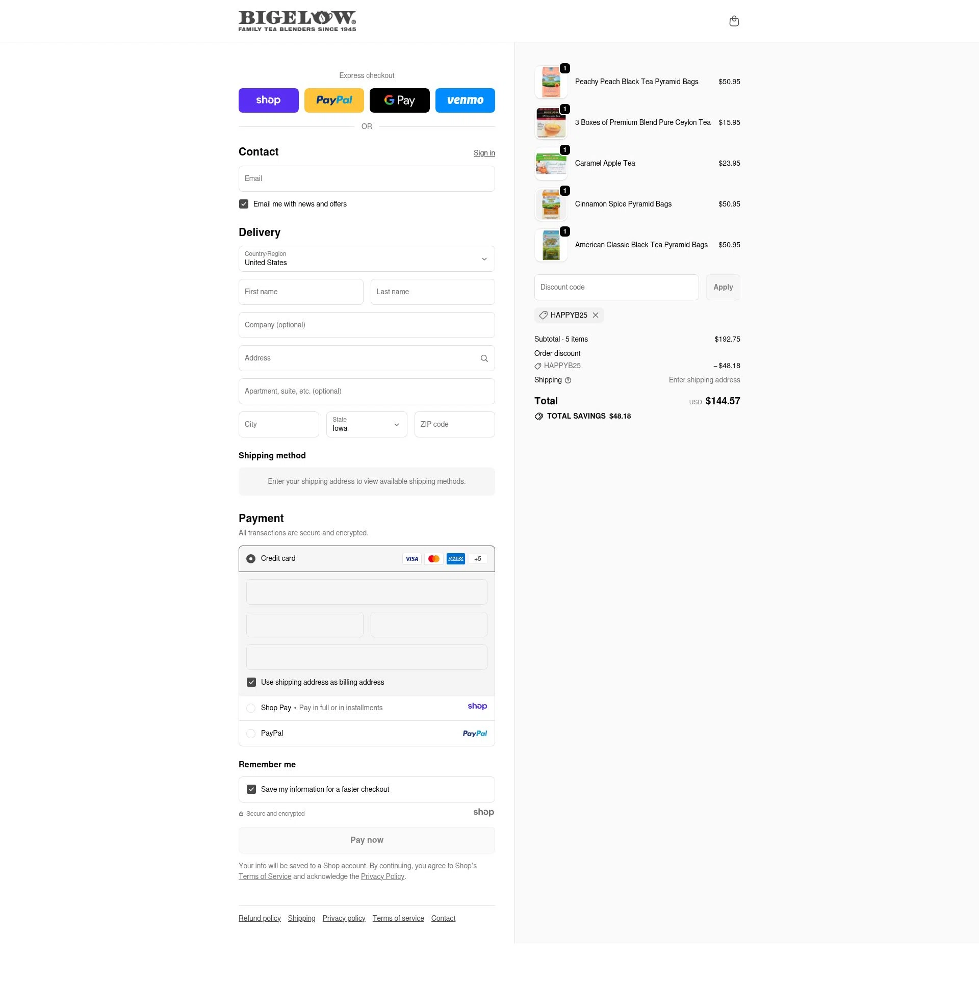 Bigelow Tea checkout page showing Bigelow Tea promo code box | Screenshot taken by SimplyCodes community member on Jan 2, 2026
