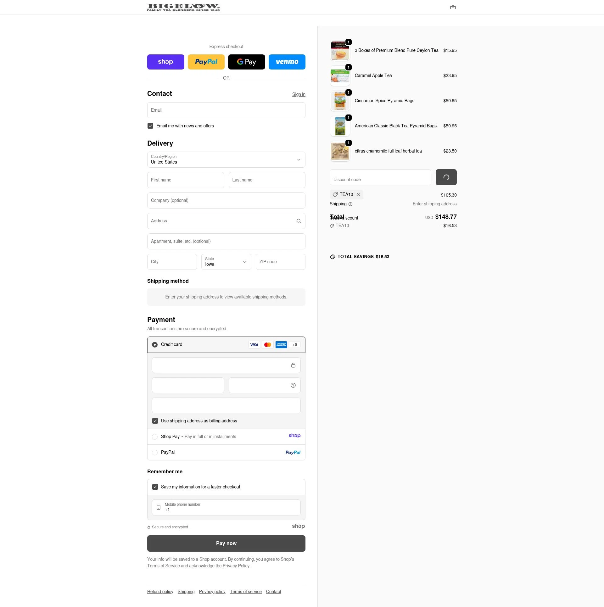 Bigelow Tea checkout page showing Bigelow Tea promo code box | Screenshot taken by SimplyCodes community member on Dec 23, 2025