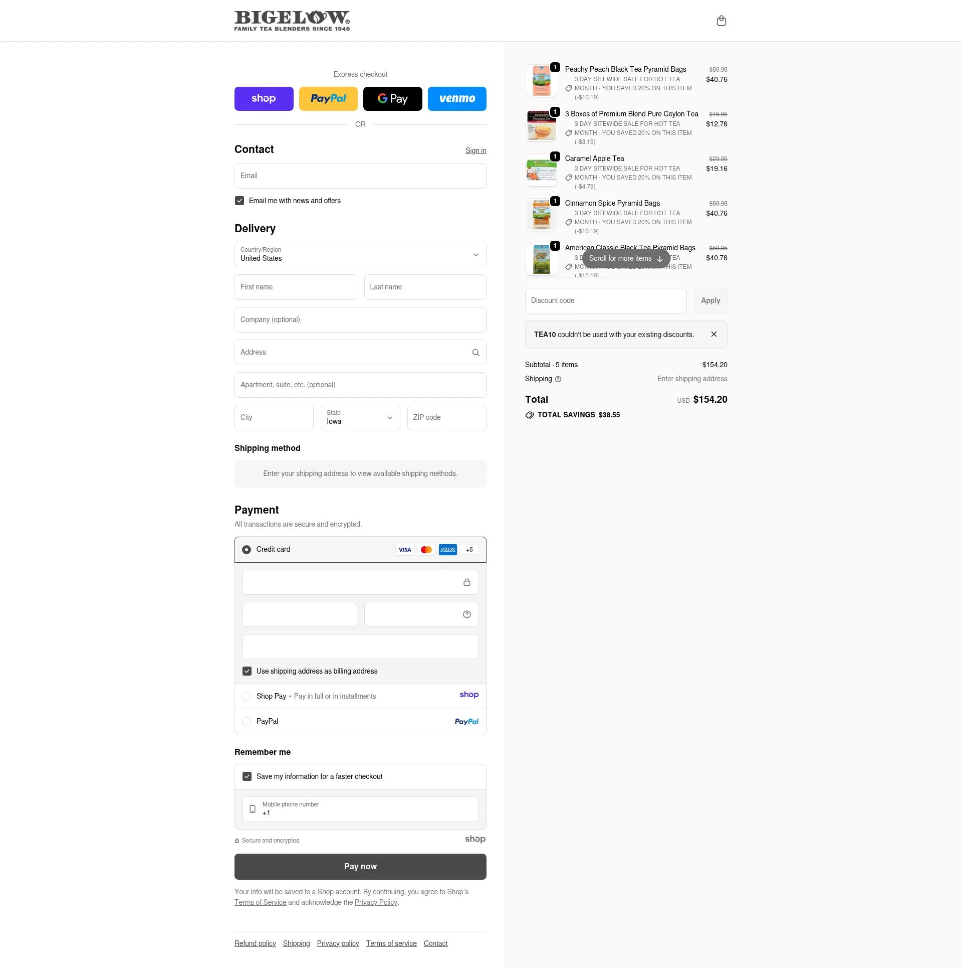 Bigelow Tea checkout page showing Bigelow Tea promo code box | Screenshot taken by SimplyCodes community member on Jan 2, 2026