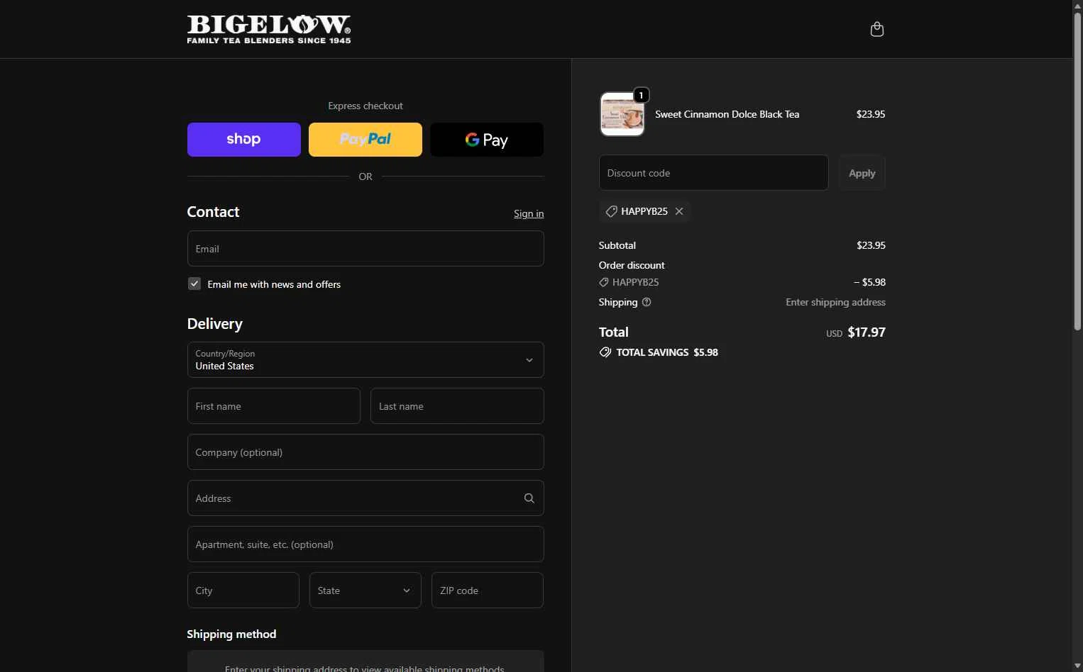 Bigelow Tea checkout page showing Bigelow Tea promo code box | Screenshot taken by SimplyCodes community member on Dec 19, 2025