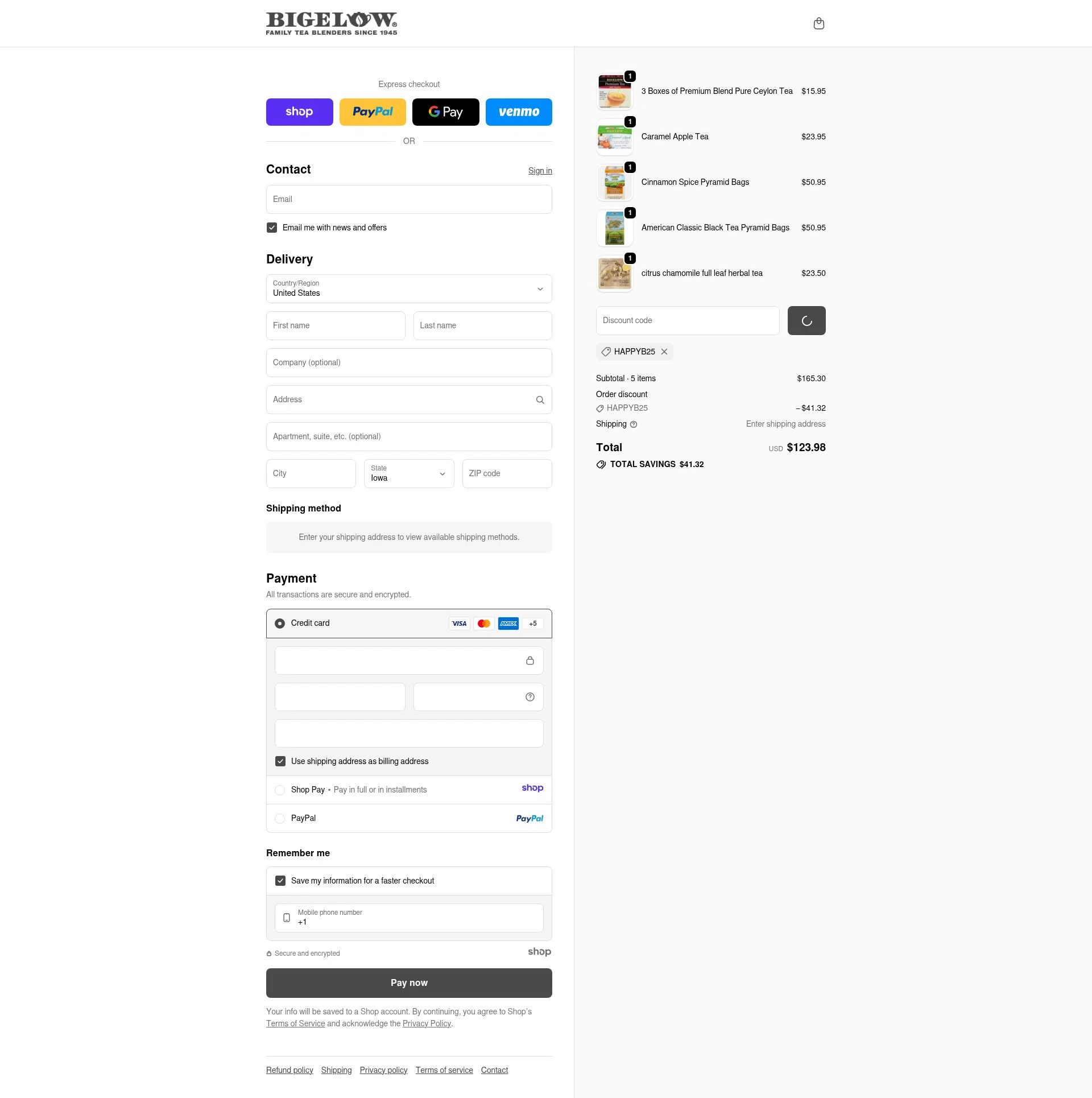 Bigelow Tea checkout page showing Bigelow Tea promo code box | Screenshot taken by SimplyCodes community member on Dec 23, 2025
