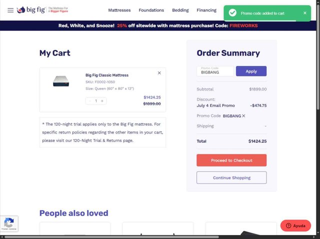 Big Fig Mattress checkout page showing Big Fig Mattress promo code box | Screenshot taken by SimplyCodes community member on Jul 14, 2025