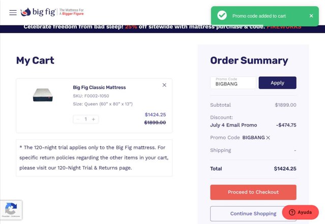 Big Fig Mattress checkout page showing Big Fig Mattress promo code box | Screenshot taken by SimplyCodes community member on Jul 3, 2025