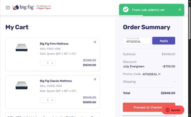 Big Fig Mattress checkout page showing Big Fig Mattress promo code box | Screenshot taken by SimplyCodes community member on Jul 17, 2025